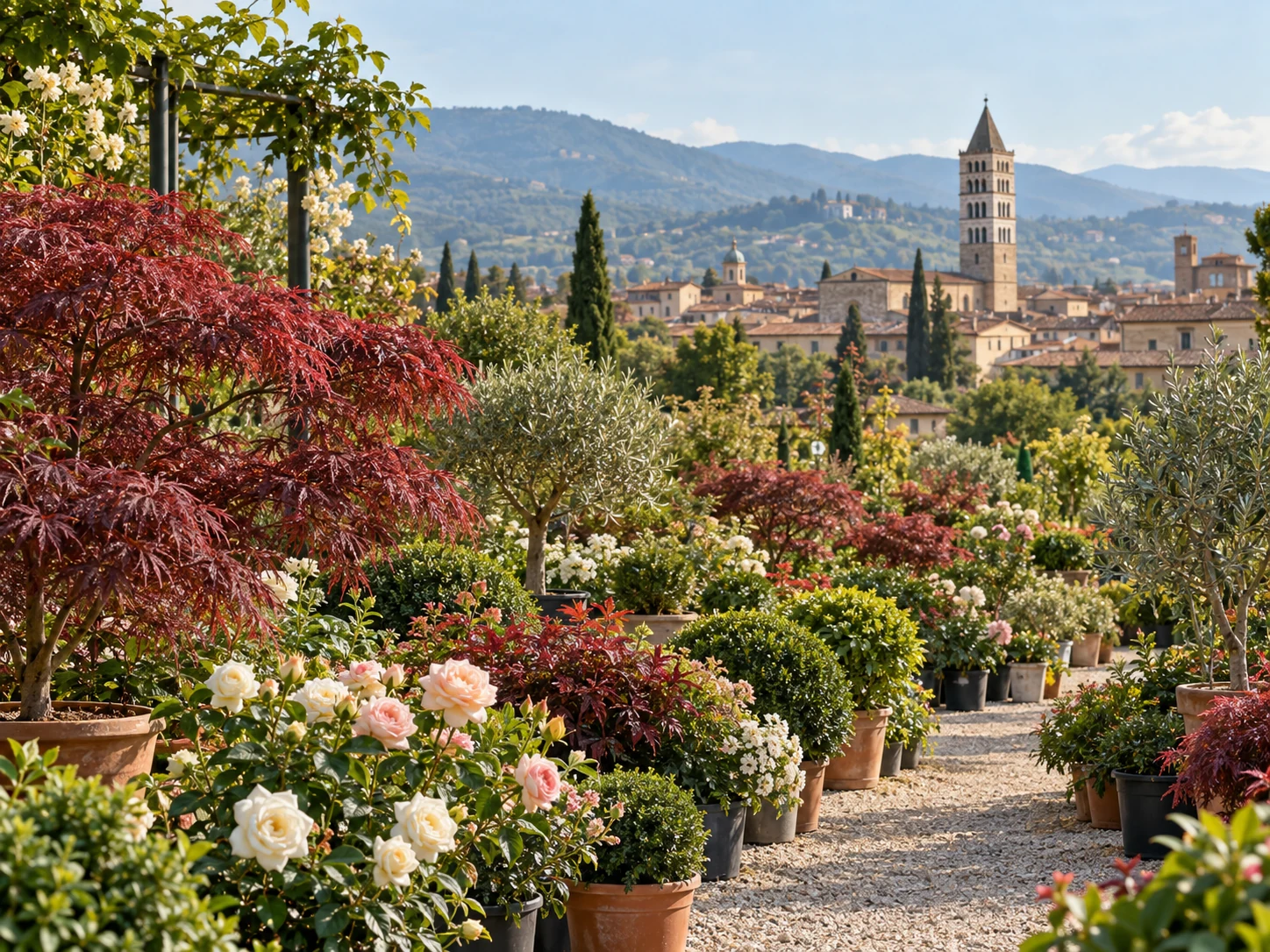 Piante ornamentali in vaso con la torre di Pistoia sullo sfondo.