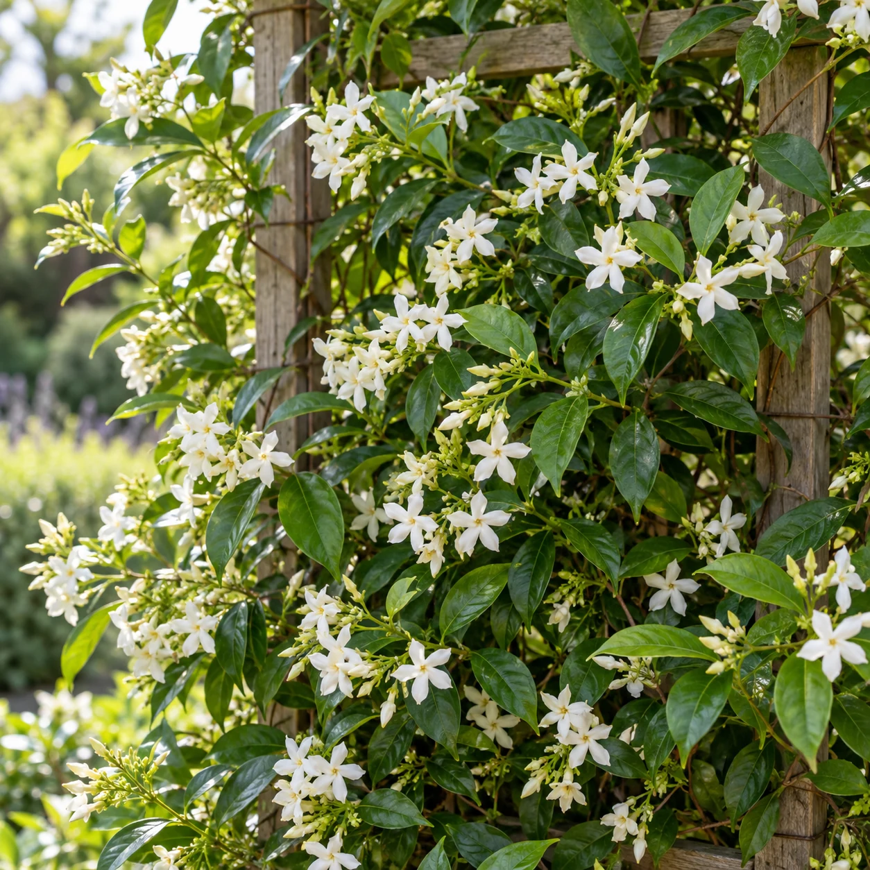 Gelsomino stellato con fiori bianchi su graticcio.