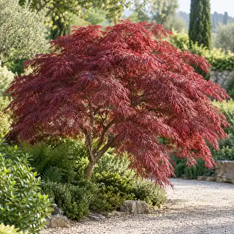 Acero giapponese a fogliame rosso in giardino.