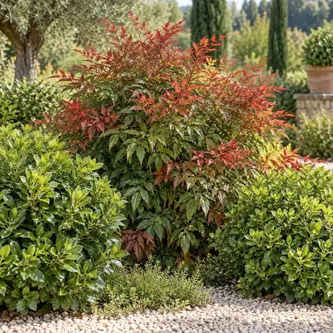 Arbusti ornamentali con fogliame verde e rosso.