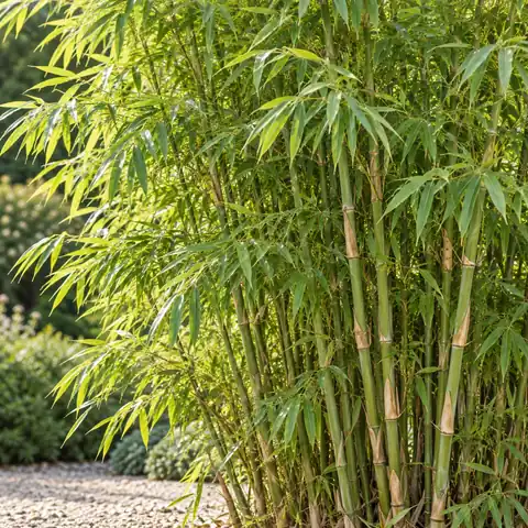 Bambù con culmi verdi e fogliame fitto.