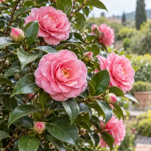 Camelia rosa in fiore.