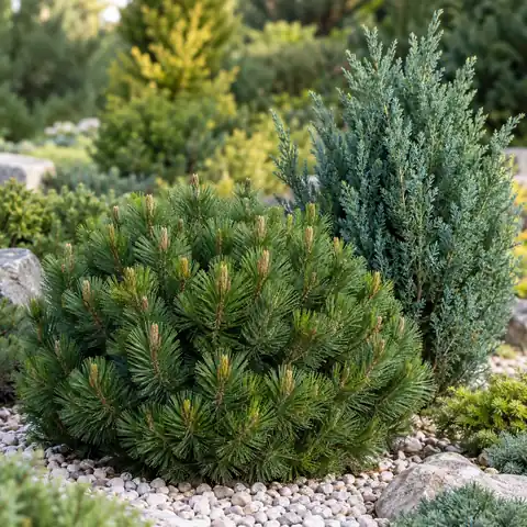 Conifere compatte verdi e azzurre in giardino.