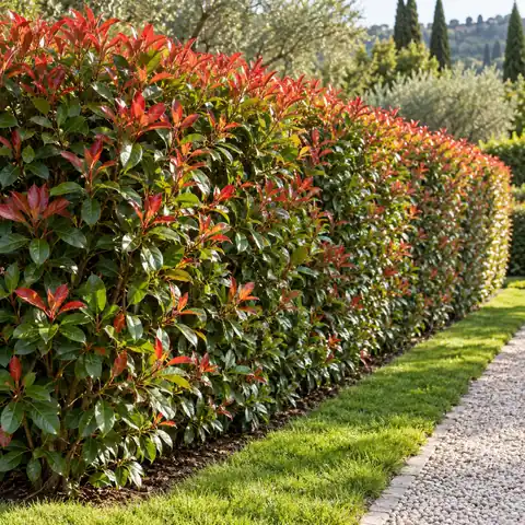 Siepe di Photinia con giovani foglie rosse.