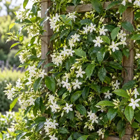Gelsomino stellato con fiori bianchi su graticcio.